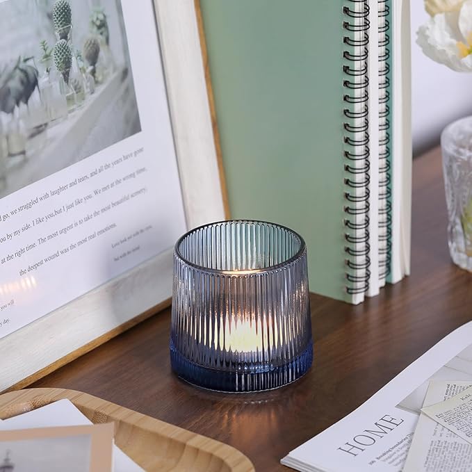 DARJEN Blue Ribbed Tealight Votive Candle Holders Set of 10- Votive Candle Holders for Table Centerpiece, Tea Light Candle Holder Glass for Wedding and Home Decor, Blue Decor and Gifts