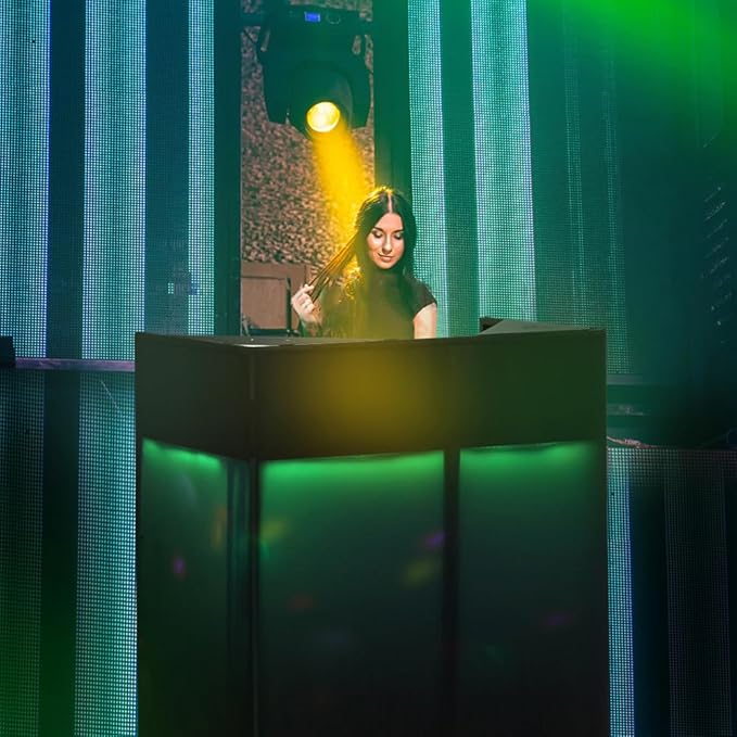 LUCKUP DJ Facade Booth 41"L x 20"W Portable DJ Facade with White & Black Scrim, Foldable DJ Table Station with LED Strips for Party, Black Metal Frame