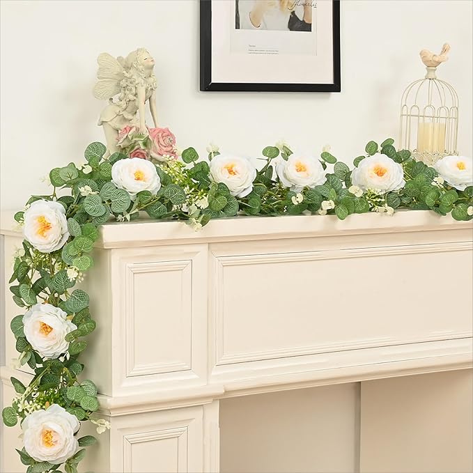 Dolicer 2Pcs 13Ft Artificial Eucalyptus Garlands with Flowers, Faux Floral Greenery Garlands Fake Flowers Vines for Wedding Table Centerpieces Arch Party Ceremony Backdrop Decor (White)