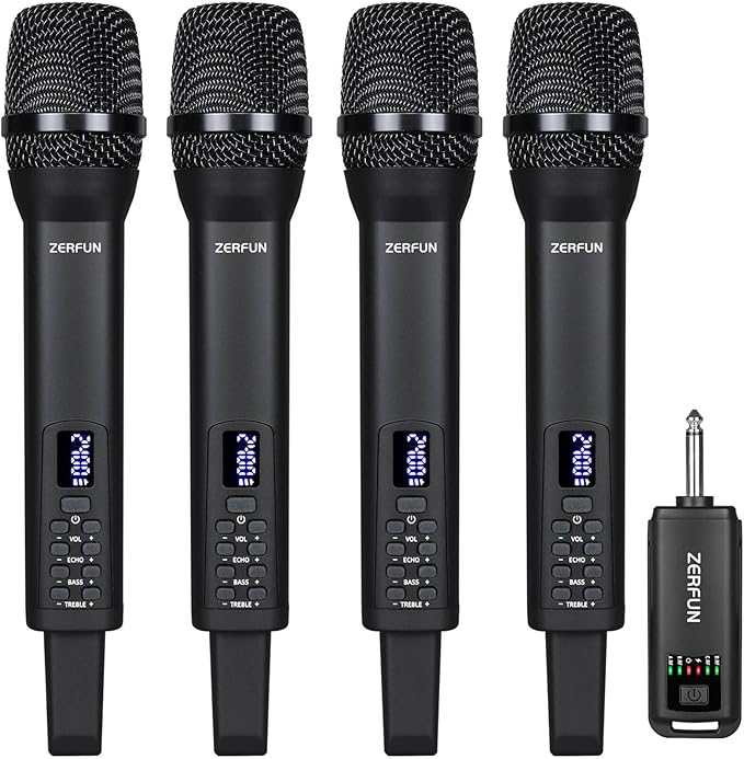 Rechargeable Wireless Microphones 4, Pro Handheld Cordless Mics System Dynamic with Echo Treble BASS VOL Control for Karaoke Singing Church Party, 1/4'' Output, D240, Black