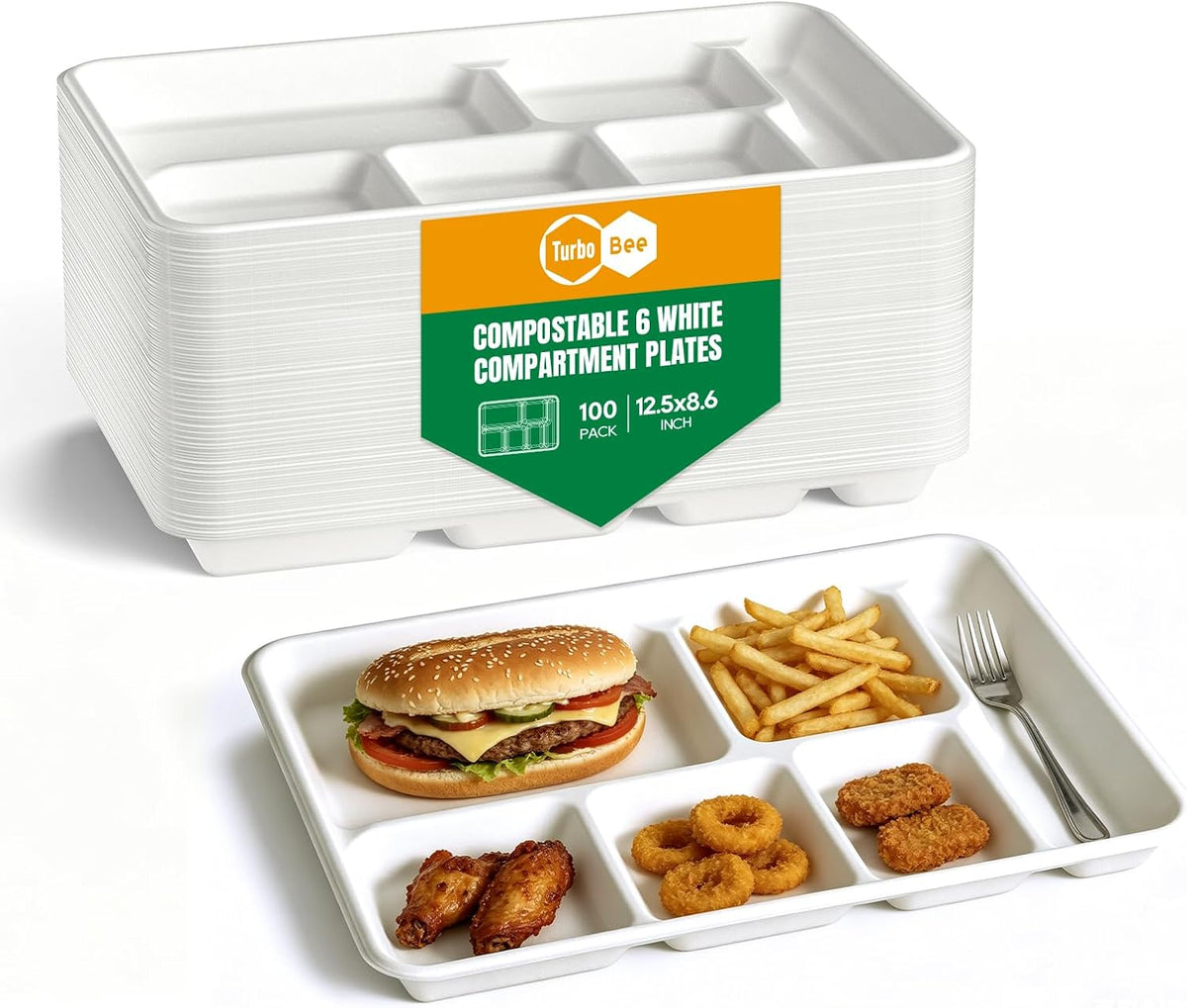turbo bee compartment paper plates, 100pack disposable divided, main product view