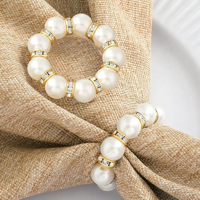 50Pcs Pearl Napkin Rings, Pink Beaded White Silver Round Buckles, Set of 6, Wedding and Formal Dinner Table Decor (50, Gold)