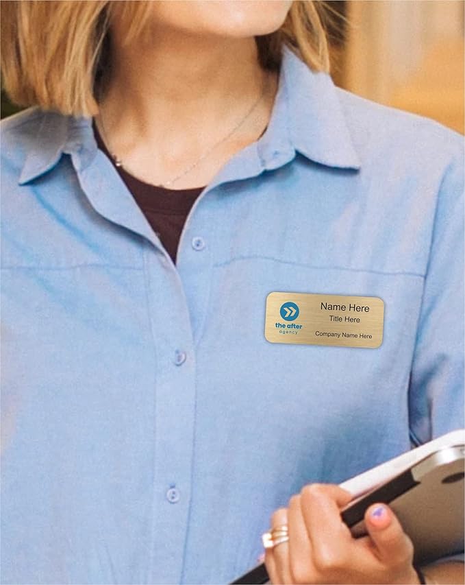 Custom Name Tag with Logo - Personalized Name Badge with Magnet Backing - Choose Your Size and Color (Gold Metal 3"x1.25" - Logo on Left)