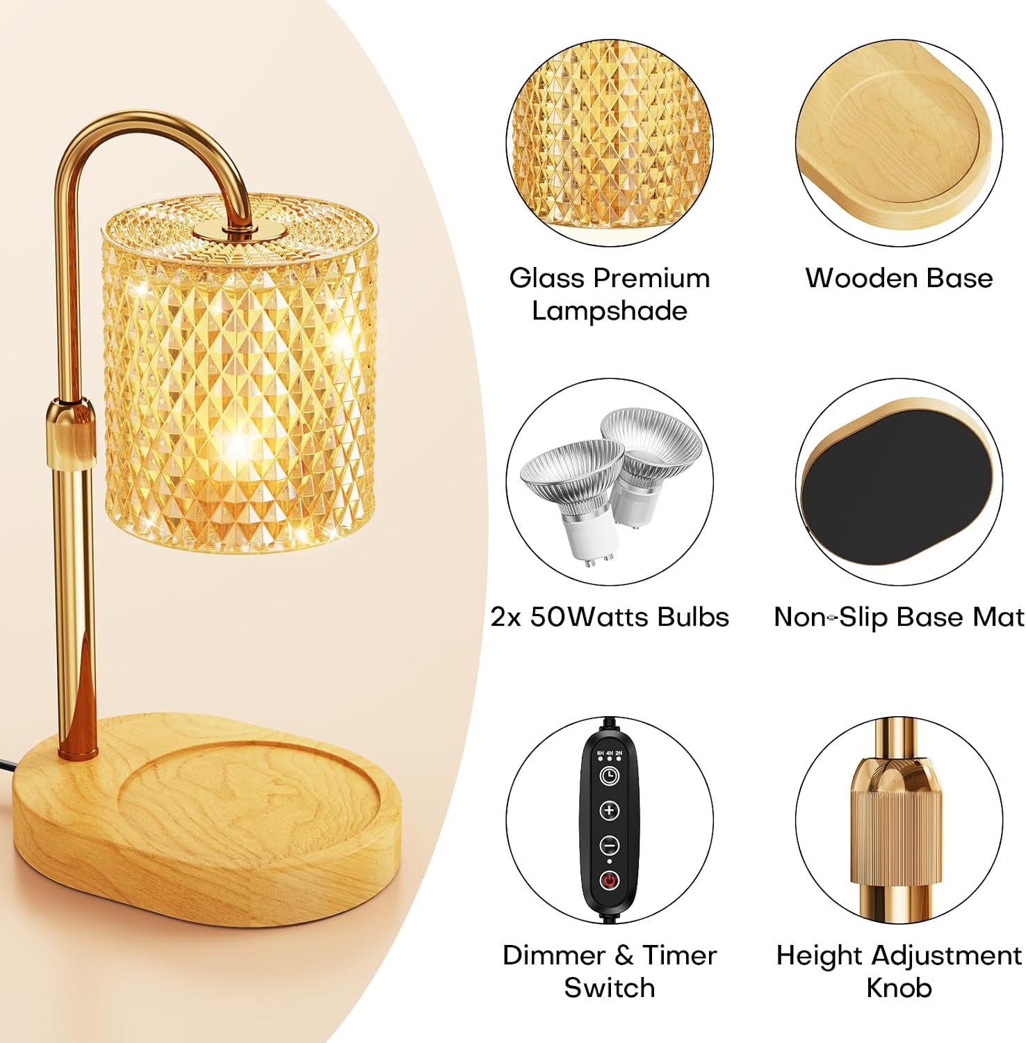 Candle Warmer Lamp with Timer Dimmer Height Adjustable Electric Candle Wax Warmer for Jar Candles Wax Melt Warmer with 2Bulbs Heater Lamp for Scented Wax for New Home Decor,House Warming Gifts