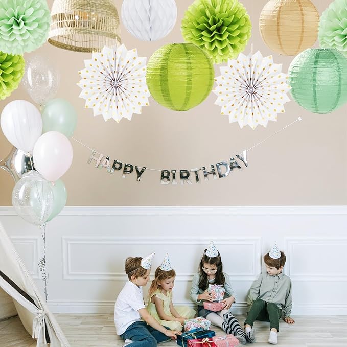 Olive-Sage Green-Boho Party-Decorations Streamers-Lanterns - 14pcs Baby Bridal Shower Wedding Paper Fan, Eucalyptus Wild Safari Jungle Birthday Tissue Pom Poms, Honeycomb Balls Decor Lasting Surprise