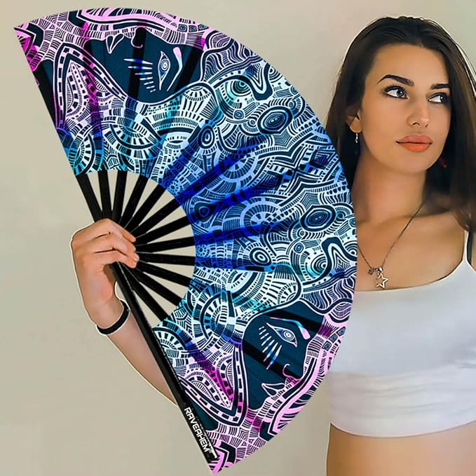 UV Glow Rave Fan, Bamboo Folding Clack Hand Fans Foldable for Men Women, Boots on the Ground Poping Fan for EDM Festival Line Dance Decoration, (Kaleidoscope Girls, Large 13")