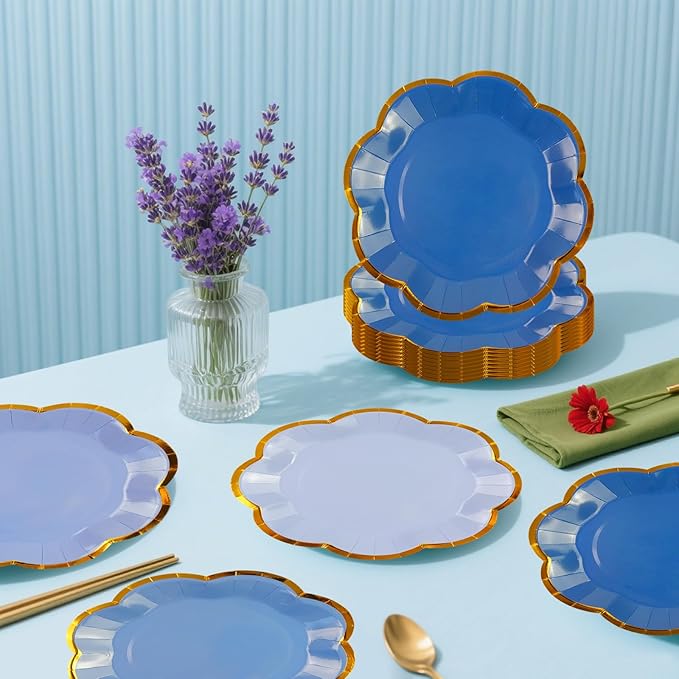 48Pcs Light Blue Scalloped Party Plates - 7inch Gold Foil Gradient Blue Dessert Paper Plate Disposable Cake Plates for Birthday Bridal Baby Shower Wedding Party Decorative Supplies