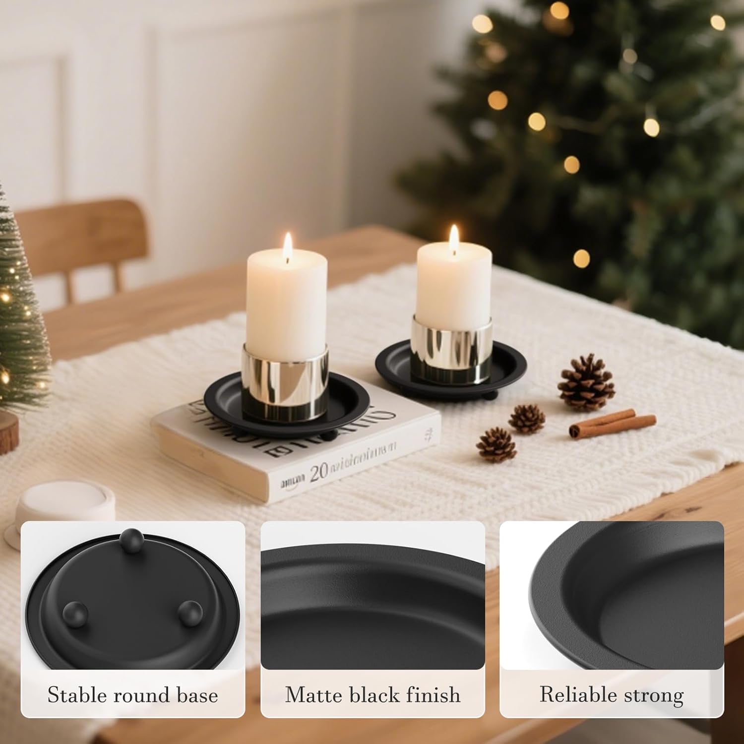 Black Candle Candlestick Holder Decor, 4.13 Inch Round Candles Tray Holders Set of 2, Iron Plate Candle Stand for Pillar Ball Candles, Metal Porta Velas for Home Decor Table Centerpiece