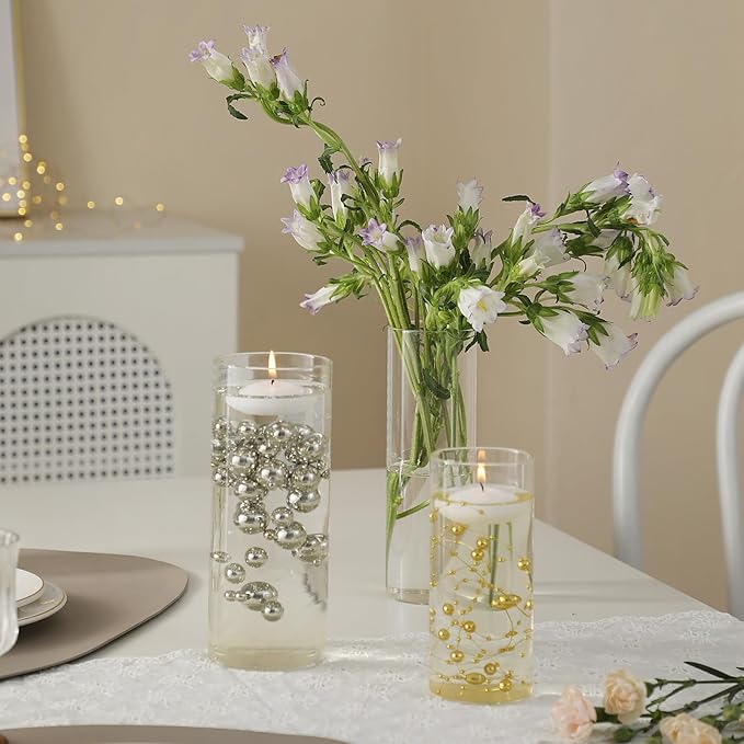 Set of 12 Glass Cylinder Vases for Centerpieces with 8 Pack Vase filler 12 Pearl String 24 White Floating Candles for Centerpieces, Table Center pieces for Wedding Party Home Decor 5, 6, 8 Inch