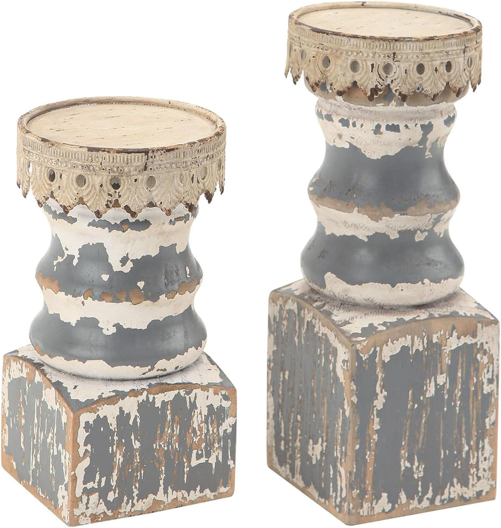 NIKKY HOME Farmhouse Rustic Solid Wood Pillar Candle Holders Set of 2, Grey | Distressed Wooden Candle Pedestals, Decorative Pillar Stands for Mantels, Fireplaces, Centerpieces Tables, Shabby Chic Decor