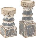 NIKKY HOME Farmhouse Rustic Solid Wood Pillar Candle Holders Set of 2, Grey | Distressed Wooden Candle Pedestals, Decorative Pillar Stands for Mantels, Fireplaces, Centerpieces Tables, Shabby Chic Decor