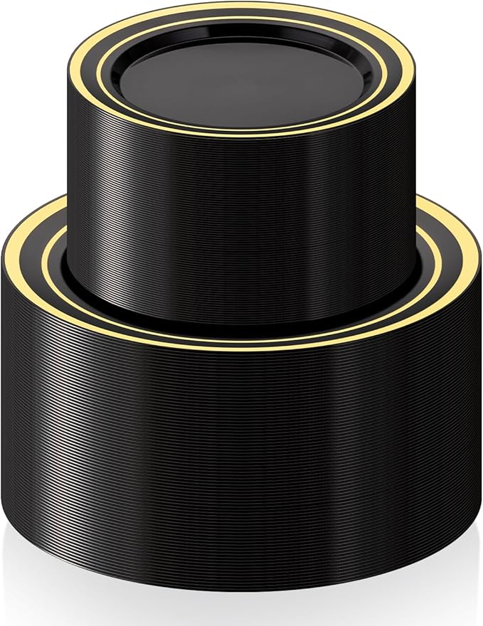 200PCS Black Plastic Plates Set with Gold Rim, 100 10.25 inch Dinner Plates and 100 7.5 inch Dessert Plates, Premium Disposable Plates forfor Party, Wedding, Holiday,And Halloween