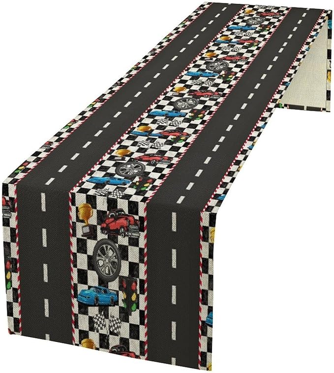 Race Car Table Runner,Checkered Flag Black and White Race Cars Pattern Print Tablecloth Burlap for Hotel Indoors Outdoor Dining Room Kitchen Home Decor,W13X L108 in