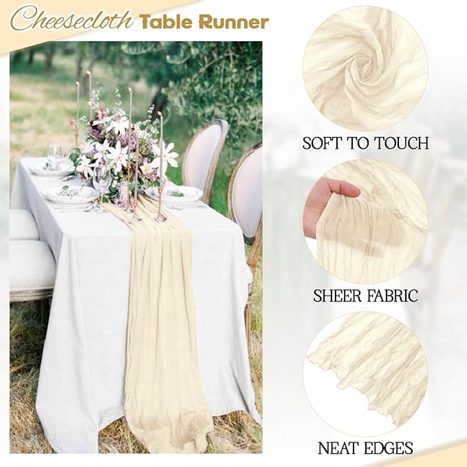 Aktor 4 Pack Ivory Table Runner Boho Cheesecloth Table Runner Semi Sheer Gauze Fabric Runners for Wedding Birthday Baby Shower Party Boho Table Decoration（Ivory）
