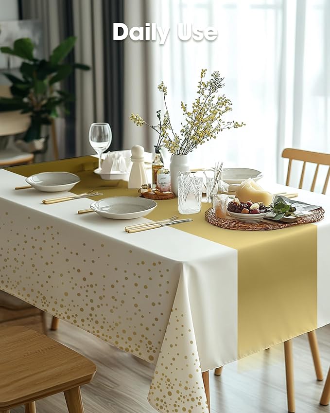Pureegg Plastic Table Cloth Disposable 10 Pack, 54 x 108 Inch, Table Runner Style, Graduation Decorations 2025, Party Tablecloths, Rectangle, Plastic Cover, Leakproof & Sturdy, White Gold