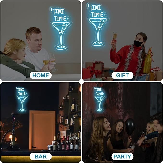 Tini Time LED Neon Sign, Martini Neon Sign for Bars, Elegant Cocktail Glass Neon, Martini Cocktail Bar Wall Decor, Bar Wall Art, Pub neon, 16.5"x8.7", Ice Blue