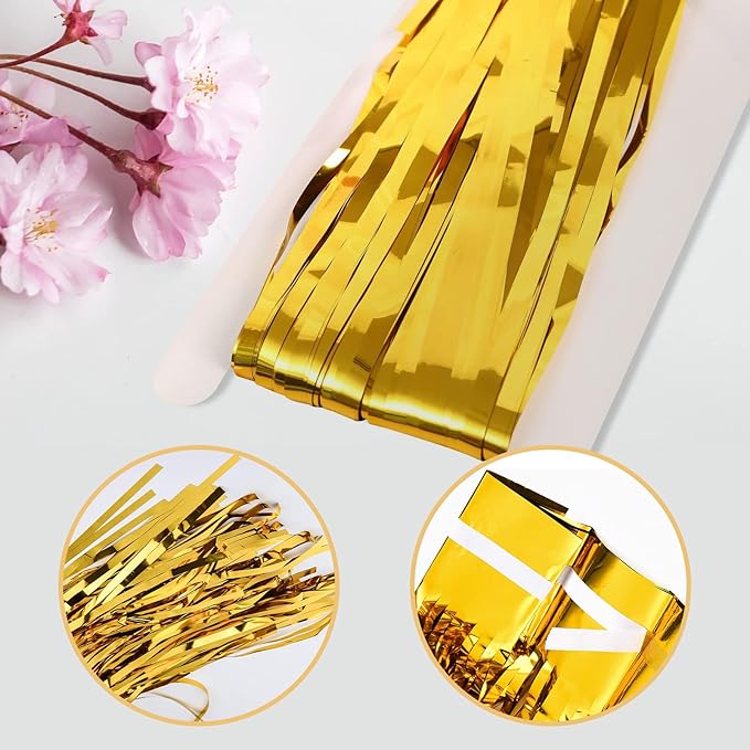 10 Pack Gold Backdrop Curtain 3.2ft x 8.2ft Metallic Tinsel Foil Fringe Curtains Photo Booth Background for Birthday Party Decoration Baby Shower Engagement Wedding Christmas Decoration (Gold)