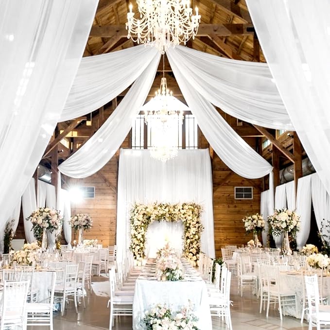4 Panels White Wedding Ceiling Drapes 5ftx30ft Ceiling Drapes Chiffon Fabric Arch Draping Sheer Curtains Soft Drapery Draping Wedding Ceiling Decorations for Party Ceremony Stage Swag