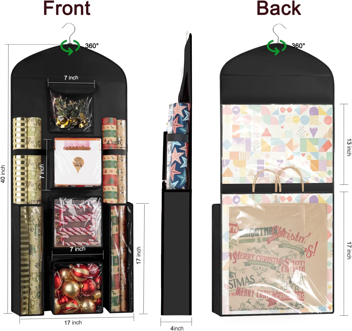 Woodoulogy Hanging Gift Wrapping Paper Storage, 40"X17" Black Double-Sided Christmas Wrapper Bag Container, Oxford Craft Roll Organizer, Present Wrap Holder for Bedroom Closet, Door, Cabinet