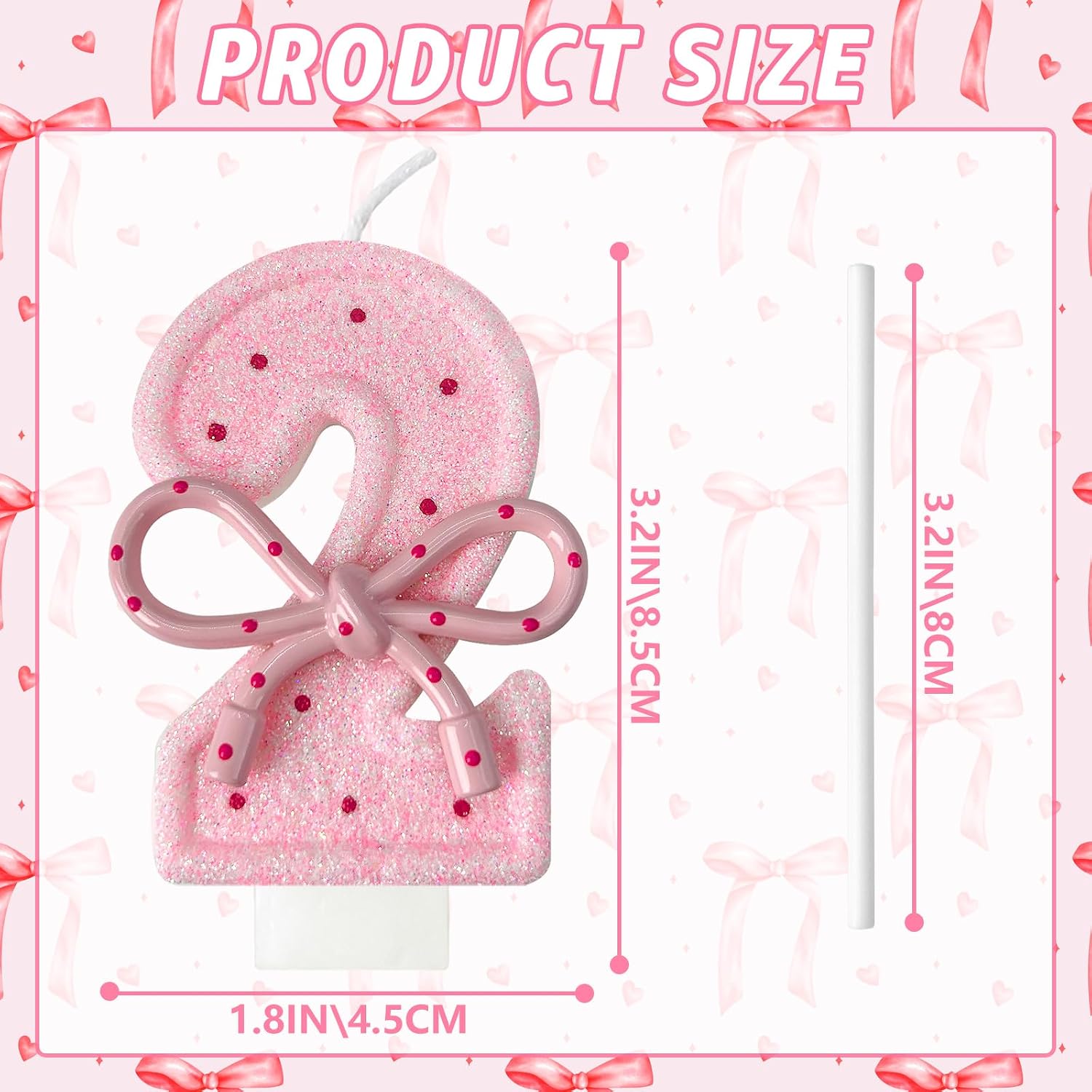 Pink Birthday Candles with Bows, 3.3 Inch Birthday Candles for Cake Decorations, Cute Anniversary Celebration Supplies for Girls and Women (2)
