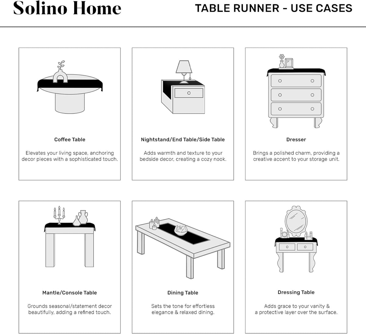 Solino Home 100% Linen Table Runner, 14 x 60 in, Black and Natural Striped