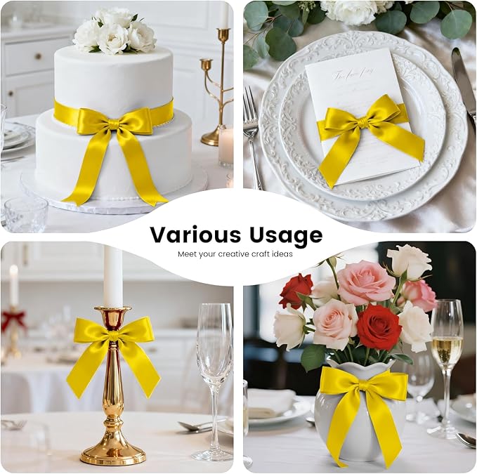 1-1/2 Inch 100 Yards Satin Ribbon Yellow, Solid Color Fabric Ribbon for Gift Wrapping, Wedding, Polyester Gift Ribbon for Birthday Party Decoration, Craft, Hair, Floral, Sewing