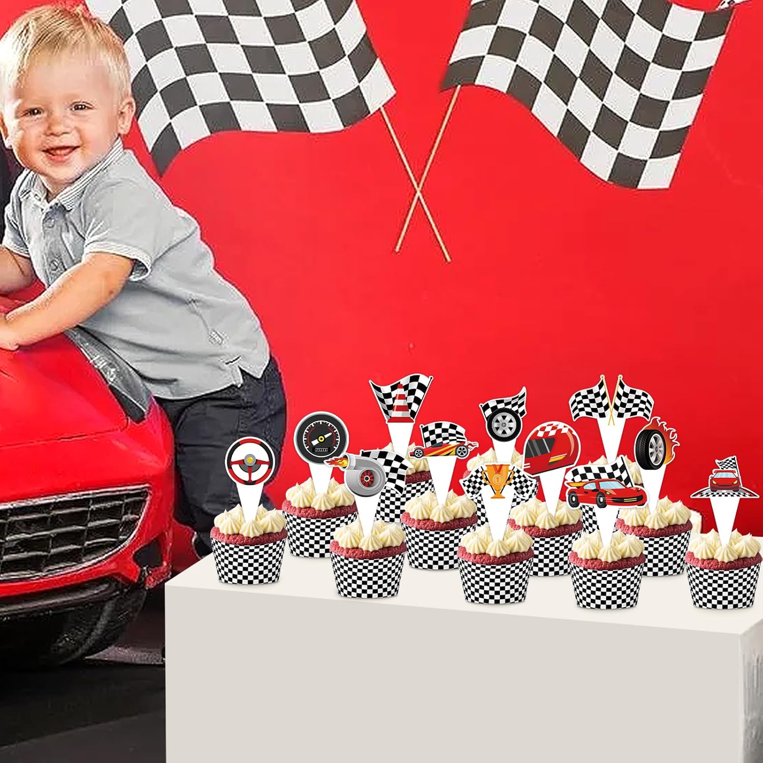 48 Pack Race Car Cupcake Toppers and Wrappers, Race Car Party Cake Decoration for Racing Checkered Theme Birthday Party Baby Shower Supplies