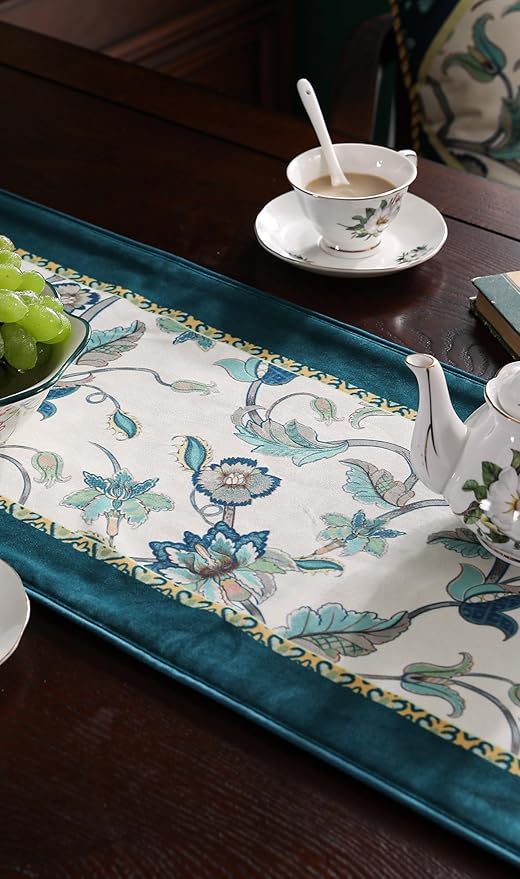 patdrea Designer Elegant French Floral Velvet Table Runner, Teal with Blossoms Pattern Table Mat, Decoration for Kitchen Dining Coffee Table Shelf Cabinet Banquet Thanksgiving,12"*71"