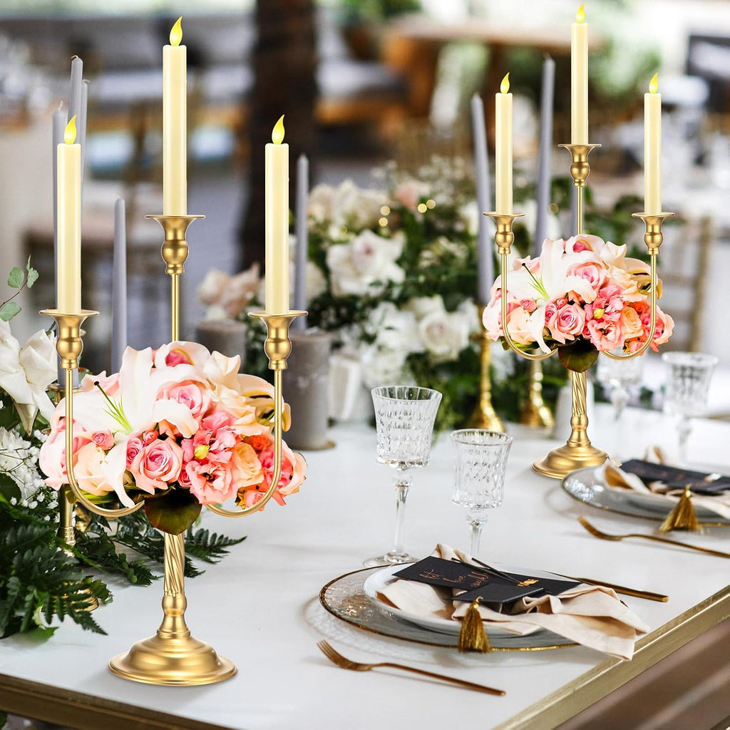 Rtteri 6 Pcs Gold Candelabra Candlestick Holder Metal Candle Stand Candelabra for Taper Candles Table Centerpieces Wedding Christmas Holiday Birthday Party (9.5 x 9.5 x 19.7 Inch,3 Arm)
