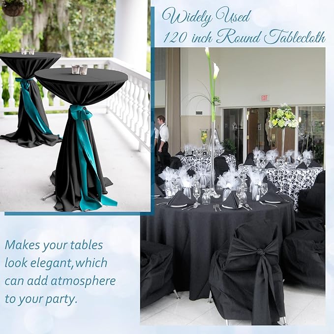 12 Pack 120 Inch Round Tablecloth, Black Polyester Fabric Table Cloth for Round Table, Washable Tablecover for Wedding Party Dining Buffet Banquet Restaurant and Camping