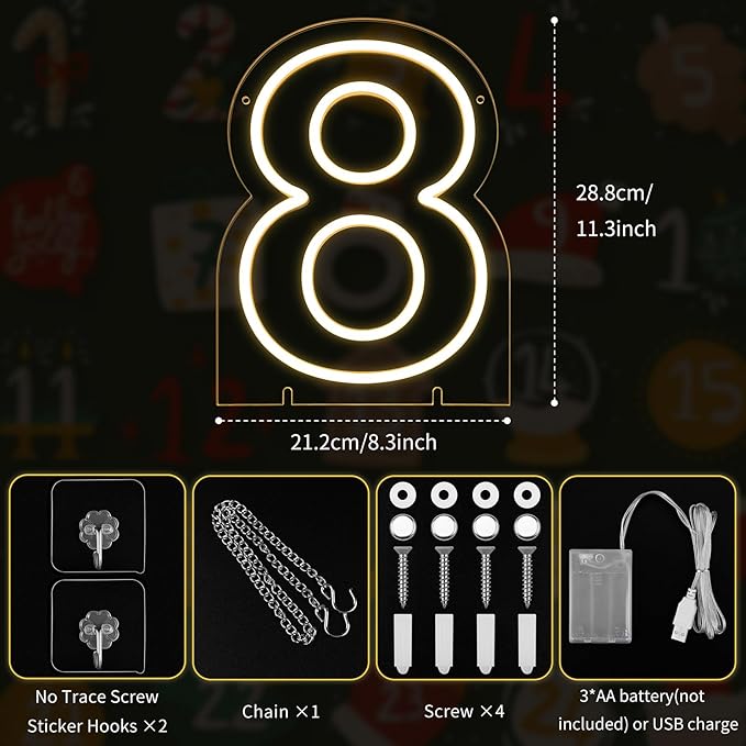 Number 8 LED Neon Sign Backdrop Birthday Party Decoration, 11.3" Height Warm White Marquee Number Eight Light Up Sign for Wedding Anniversary Window Wall Table, Indoor Battery Operated or USB