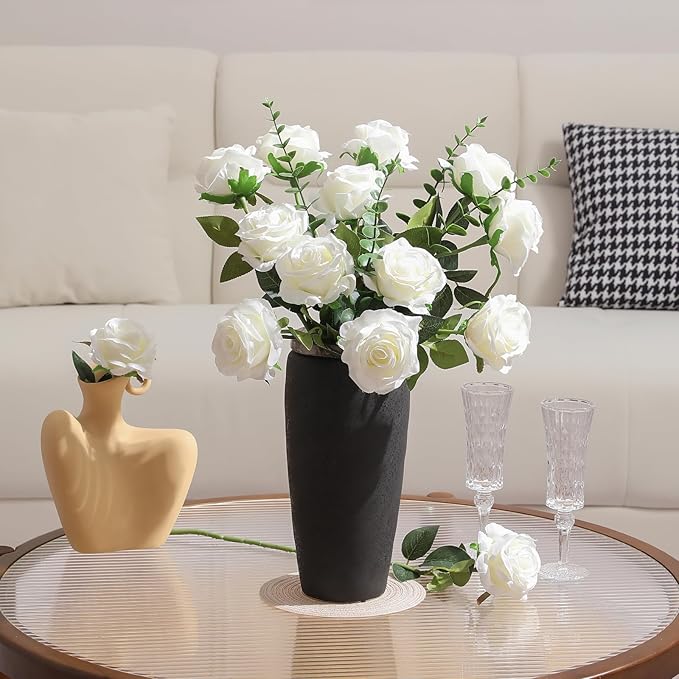 Tifuly White Roses Artificial Flowers -12 pcs Realistic Single Long Stem Fake Silk Roses Bouquet for Party Home Wedding Centerpiece Office DIY Decor（Off White）