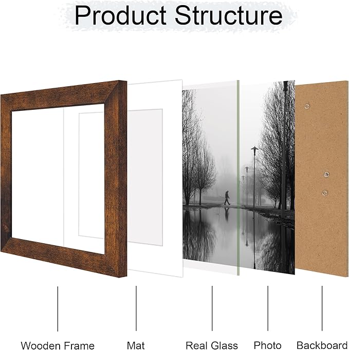 8x8 Picture Frame Set of 4 with HD Glass, Display 6x6 Pictures with Mat or 8 x 8 Without Mat, Rustic Wood Photo Frame for Wall Mount and Tabletop Display