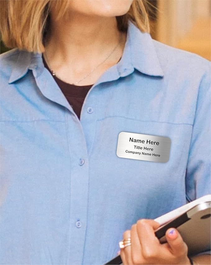 Awards4U Custom Name Tag - Personalized Metal Name Badge with Magnet Backing - Silver, 3"x1.5" - No Logo