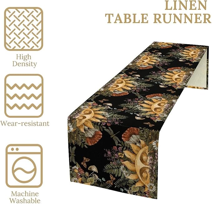 Sun Moon Table Runner, Bohomian Mushroom Daisy Table Gothic Dragonly Butterfly Table Center Decor Table Runner for Indoor Outdoor Party Kitchen Dinner Black, 13x90 Inch