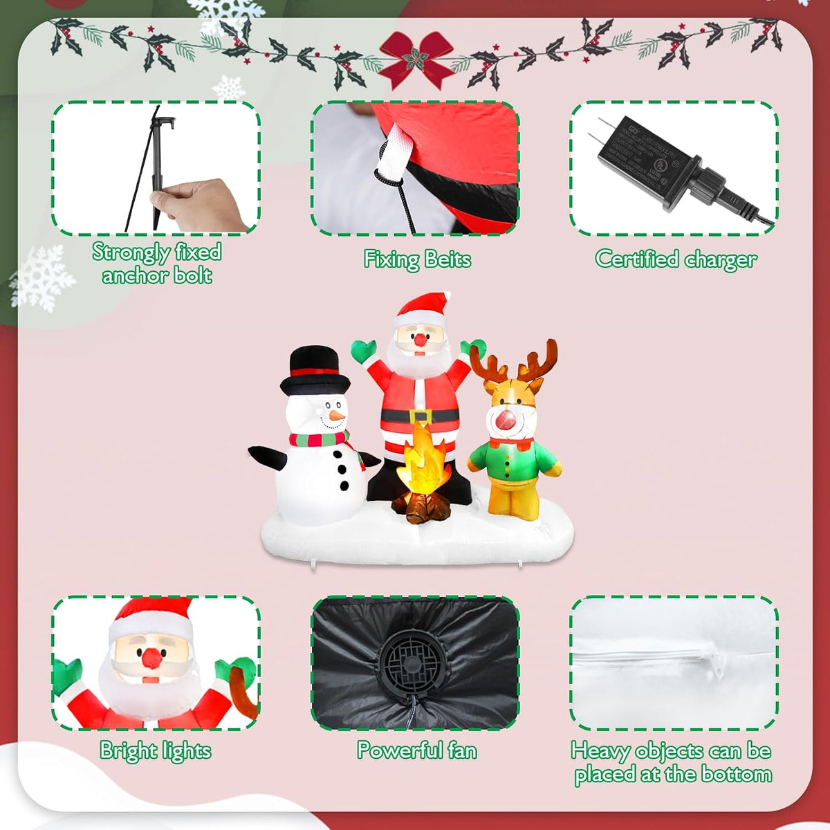 5ft christmas inflatable santa claus snowman reindeer campfire, side view