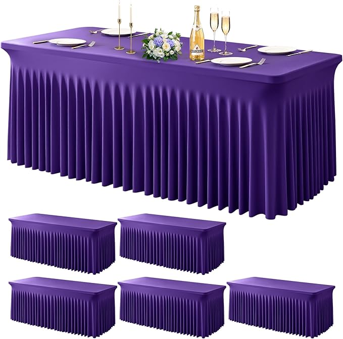 Wish Care 6 Pack Dark Purple Spandex Table Clothes for 6 Foot Rectangle Tables, 6FT Wrinkle Free Fitted Tablecloths Ruffles Design Table Cover for Party, Banquet, Wedding and Events