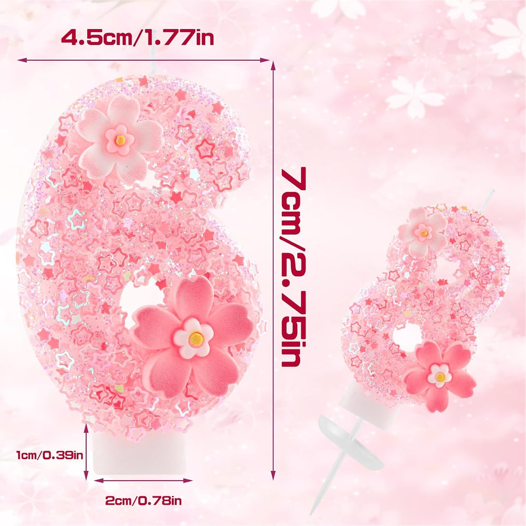 Cherry Blossom Pink Number 3 Birthday Candle, 2.8in Cute Shiny 3 Happy Birthday Candle with Tray & Stick Girls 3 Candle for 3rd Birthday Ideal Birthday Parties Cake Decoration & Gifts
