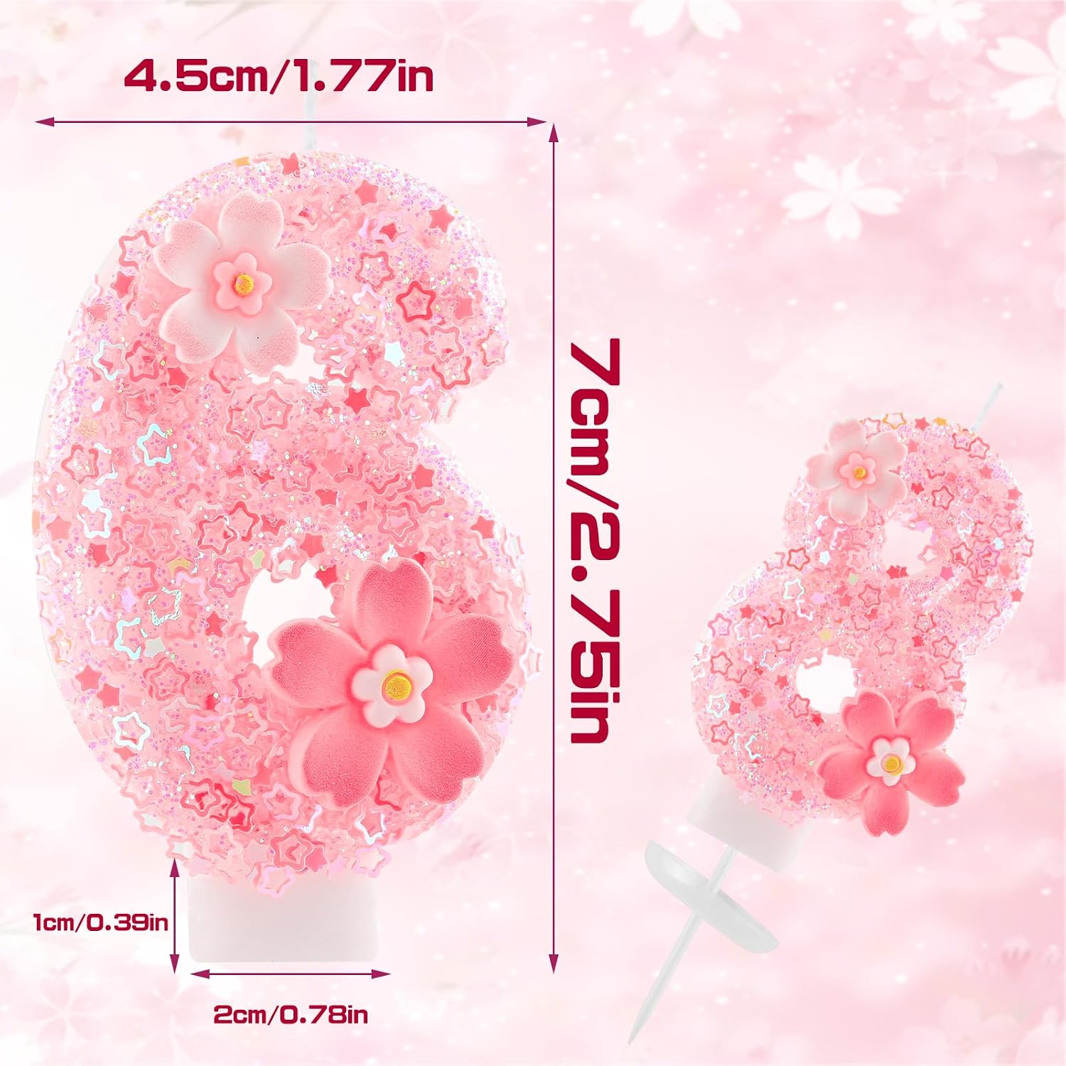 Cherry Blossom Pink Number 12 Birthday Candle, 2.8in Cute Shiny Happy 12th Birthday Candle with Tray & Stick Girls 12 Candle for 12 Birthday Ideal Birthday Parties Cake Decoration & Gifts
