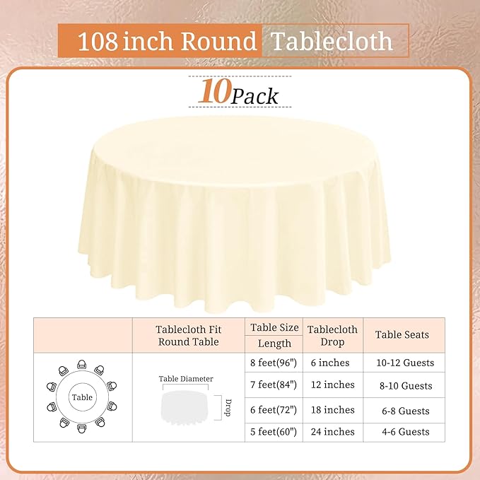 10 Pack Round Tablecloths - 108 Inch, Beige Polyester Table Cover for Round Tables, Stain and Wrinkle Resistant Washable Fabric Table Cloth, Polyester Tablecloth for Wedding Banquet Partie