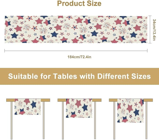 4th of July Table Runner, American Patriotic Independence Day Red Blue White Stars Stripes Fireworks Print Table Runner for Home Party Decor Kitchen Dining Table, 13x90inch