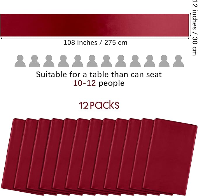 Aneco 12 Pack Satin Table Runner 12 x 108 Inch Burgundy Long Wedding Satin Silk Table Runner for Wedding Banquet Graduations Birthday Party Decoration