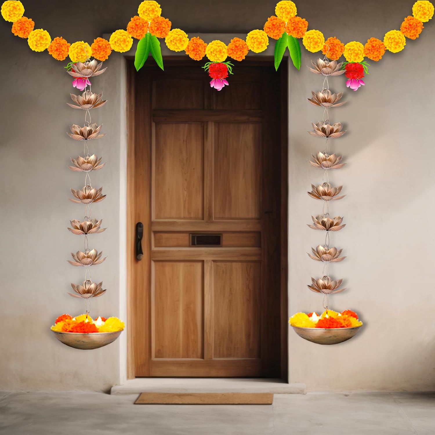 LemonRoad 2 Set Diwali Hanging Urli Bowl Metal Lotus Floating Diya Pot for Flowers & Decor Wall Hanging Uruli Candle Holder for Mandir, Diwali Gift, Indian Traditional Festival Decoration