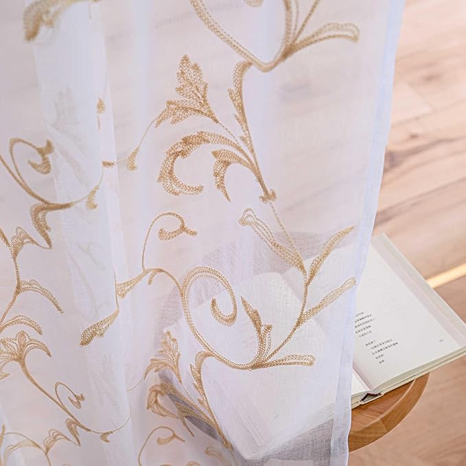 Sheer Curtains White-Beige 45 Inch Length Floral Embroidery Vintage Rod Pocket Voile Drapes for Living room, Bedroom, Window Treatments Semi Crinkle Curtain Panels for Farmhouse Set of 2, 52"x 45".