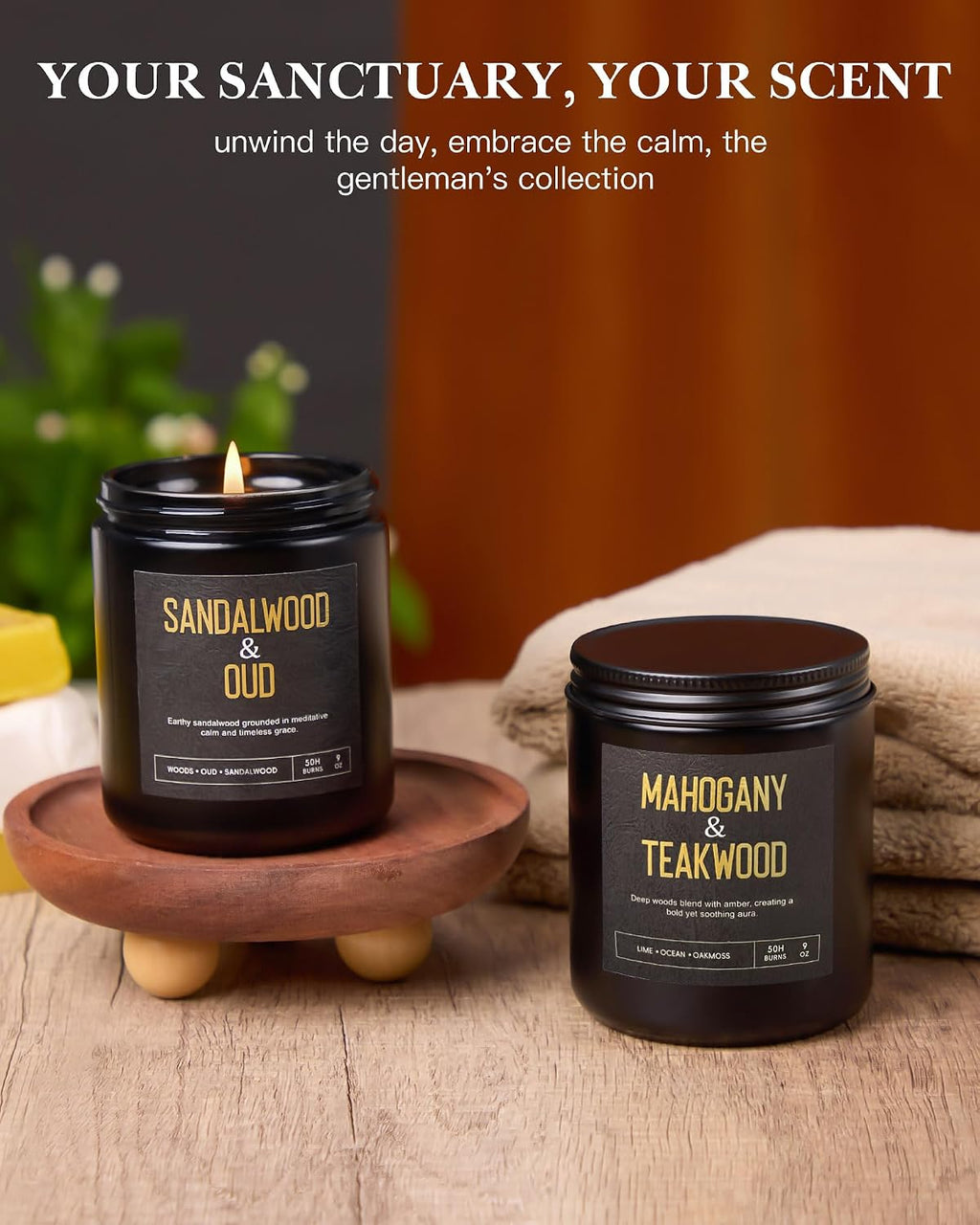 Men's Scented Candles Gift Set, 4 Jar Wood Wick Soy Wax Candles for Home | 200 Hour Burn, Mahogany & Teakwood, Smoke & Vanilla, Midnight Jasmine, Sandalwood Oud Scented Candle, Gifts for Men