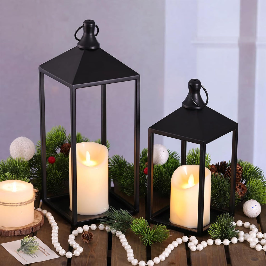 MATAHUM 2pcs Farmhouse Lantern Decor with LED Flickering Flameless Candles - Black Metal Lanterns Decorative for Home Decor, Fireplace Mantle or Table Centerpiece, Halloween Christmas Lantern Decor