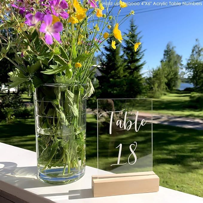 UNIQOOO 5 Pack Wood Table Number Stands | 1/8” Thick Acrylic Sign Holders | Oak Wood Display Stands | Place Card Holder, Perfect for Retail Shop Wedding Dinner Party, Events Decoration, Retail Shop