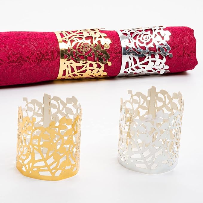 100pcs Disposable Rose Flower Paper Napkin Rings Laser Cut Foil Paper Napkin Holder, Leaf Vine Serviette Rings for Table Decoration,Christmas,Wedding,Party (Silver) (Pack of 2)