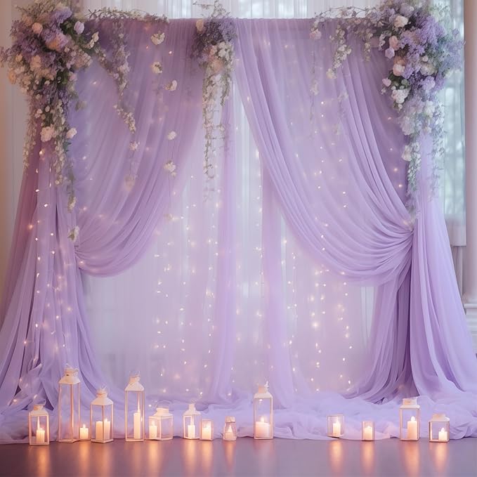 10ft x 10ft Lavender Chiffon Backdrop Curtain with Lights String for Parites Wedding Wrinkle Free Curtain Photo Backdrops Drapes for Baby Shower Birthday Party Home Decorations