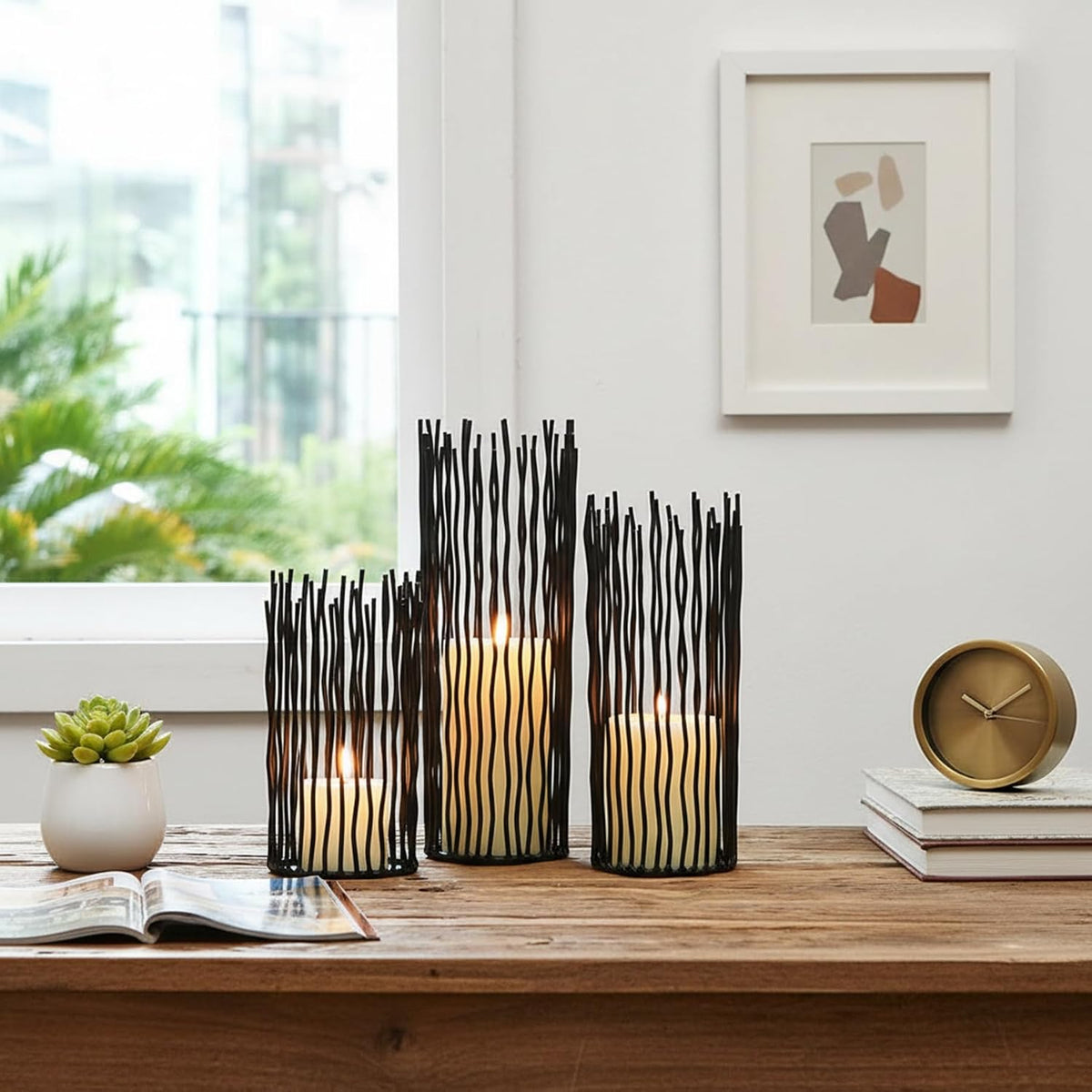 Metal Candle Holders for Pillar Candles - Black Wire Candle Holder Set of 3
